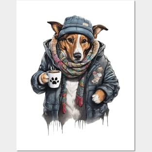 Dog wearing a jackets holding a cup coffee Posters and Art